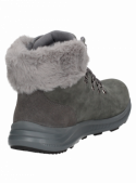 Botín de mujer en cuero gamuzado gris, estilo outdoor, combina moda con funcionalidad.