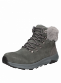 Botín gris de cuero gamuzado y textil para mujer, ideal para aventuras urbanas y al aire libre.
