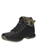 Botín negro de cuero y textil para hombre, ideal para aventuras outdoor, con diseño resistente al agua.