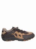 zapatilla café de hombre con detalles en cuero, estilo outdoor para un desempeño óptimo.