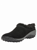 versátil zapatilla negra de cuero gamuzado para mujer, estilo mocasín, borde tipo lana, suela firme, detalle lateral.