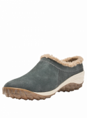 zapatilla azul de cuero gamuzado para mujer, estilo casual, con detalle de etiqueta y borde similar a lana.