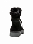 Elegante botín negro de cuero, caña media con velcro lateral, combina con jeans o faldas, ideal para días fríos.