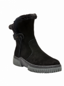 Botín negro de cuero para mujer, diseño casual con ribete de pelo sintético, ideal para ocasiones informales en clima frío.