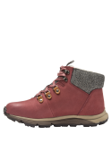 Calzado burdeo robusto con cordones y ojales metálicos, mezcla de cuero y textil, perfecto para moda gorpcore femenina.