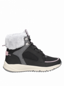 Botín negro casual para mujer, combina cuero y textil, perfecto para un look urbano en climas fríos.