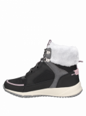 Botín casual femenino negro, mezcla de cuero y textil, con ojales metálicos y cordones resistentes para un estilo robusto.