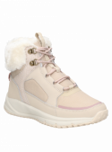 Botín de cuero beige para mujer, estilo utilitario con detalles acogedores, ideal para días ventosos.