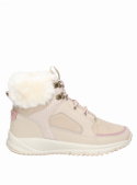 Botín casual beige de mujer con borde superior de peluche, combina con jeans ajustados o leggings para un estilo relajado.