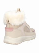 Botín beige de cuero y textil para mujer, casual, con cordones resistentes, ideal para paseos al aire libre.
