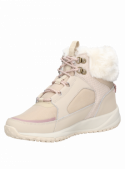 Botín casual beige para mujer, mezcla de cuero y textil, ideal para invierno con detalles de peluche que añaden calidez.