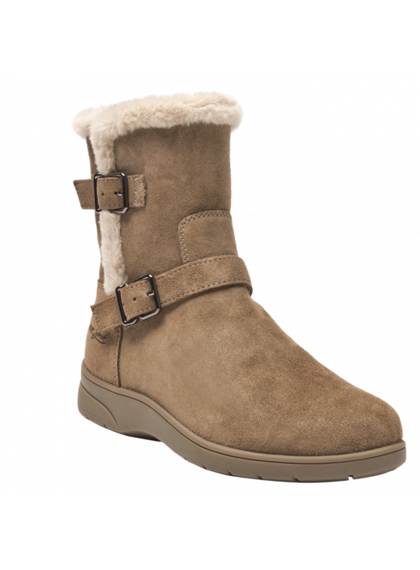 Bota de cuero gamuzado café con borde afelpado para mayor confort y calidez, perfecta para actividades al aire libre.