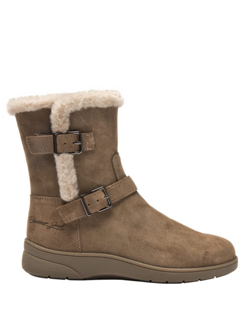 Bota de cuero gamuzado café con borde afelpado para mayor confort y calidez, perfecta para actividades al aire libre.