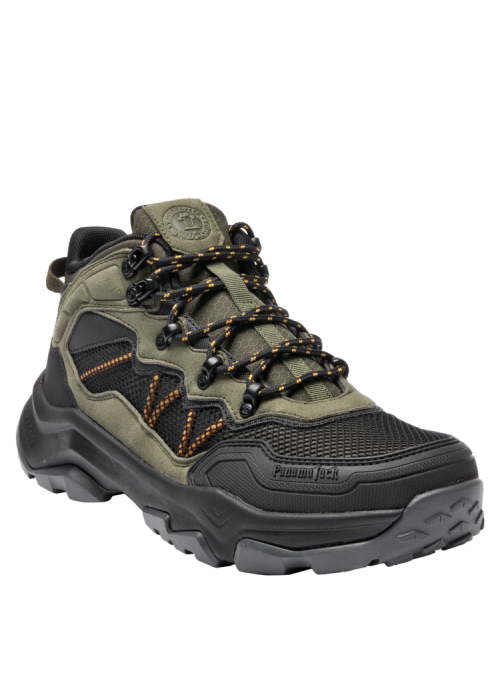 Botín verde de estilo outdoor para hombre, ideal para trekking, con diseño robusto y detalles en zigzag.
