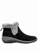 Botín de cuero gamuzado negro para mujer, diseño casual con borde de imitación piel, ideal para un look urbano y abrigador.