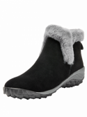 Botín negro de mujer en cuero gamuzado, diseño casual moderno, ideal para invierno con borde de imitación piel.