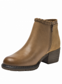 Botín de cuero camel para mujer, estilo casual, con cierre lateral y detalle de trenza, ideal para uso cotidiano.