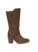 Bota de cuero café, estilo equitación, perfecta para combinar con jeans ajustados o faldas en otoño e invierno.