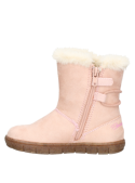 Bota infantil rosada con adorno lateral de borlas y cuentas de madera, perfecta para un look cómodo y moderno.