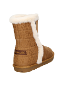 Bota camel para niña con detalle acogedor de piel sintética, adecuada para ocasiones informales y climas fríos.