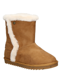 Bota camel casual para niña con borde superior de imitación de piel y botón decorativo lateral, ideal para días fríos.
