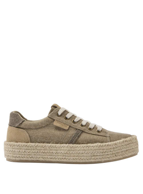 zapatilla casual taupe de mujer con combinación de textil y cuero, ideal para actividades diarias.