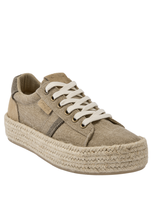 zapatilla casual taupe de mujer con combinación de textil y cuero, ideal para actividades diarias.