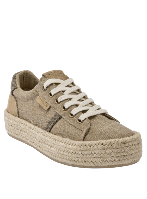 zapatilla casual taupe de mujer con combinación de textil y cuero, ideal para actividades diarias.