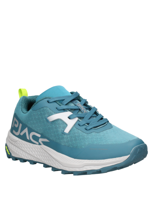 Zapatilla de trail running azul con patrón de suela que facilita el agarre, perfecta para eventos casuales al aire libre.