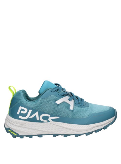 Zapatilla de trail running azul con patrón de suela que facilita el agarre, perfecta para eventos casuales al aire libre.