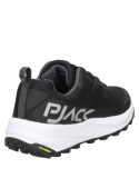 Zapatilla negra de mujer con estructura sintética y textil, diseño sin costuras visibles, ideal para largas caminatas.