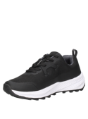"Zapatilla negra de mujer para trail running, combina estilo técnico y urbano