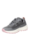 Zapatilla gris de mujer para trail running, estilo athleisure, materiales sintéticos y textiles, ideal para exteriores.