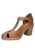 Sandalia de tacón alto en cuero camel, perfecta para paseos urbanos o eventos al aire libre, con ajuste de hebilla.