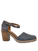 Cómoda sandalia azul de cuero para mujer, con taco bloque y estilo casual, ideal para disfrutar al aire libre.