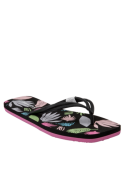 "Sandalia negra casual para mujer con tira en ""Y"", diseño hawaiano y plantilla estampada."