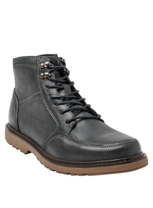 Botín masculino gris de cuero con costuras visibles y suela de goma antideslizante, perfecto para uso diario informal.