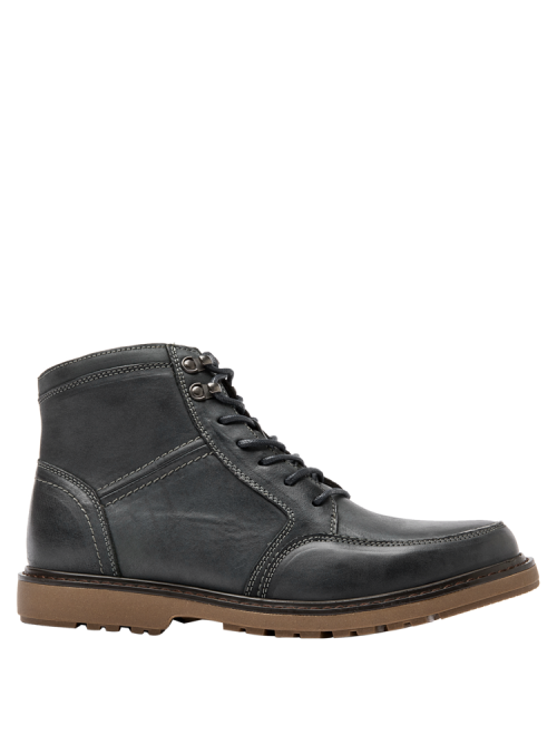 Botín masculino gris de cuero con costuras visibles y suela de goma antideslizante, perfecto para uso diario informal.