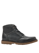 Botín gris casual para hombre de cuero con cordones y ganchos metálicos, ideal para un estilo urbano y relajado.