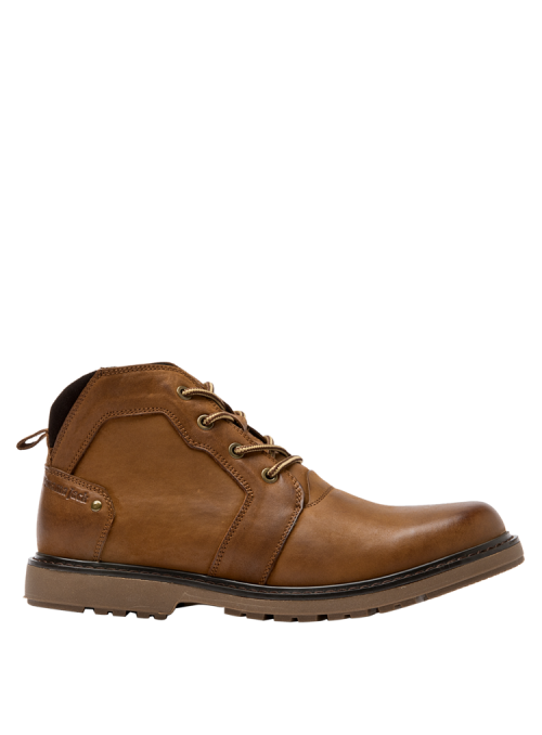 Calzado masculino camel casual de cuero, versátil y robusto, con cordones y suela gruesa para salidas informales.
