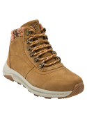 Botín moderno de cuero gamuzado camel para mujer, perfecto para actividades cotidianas.