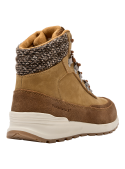 Botín casual camel para mujer, mezcla de cuero y textil, ideal para invierno o días fríos en ambientes urbanos.