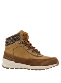 Botín camel de cuero para mujer, ideal para estilo casual y outdoor, con cordones gruesos y detalles metálicos resistentes.