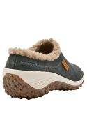 Zapato azul de cuero para mujer, estilo mocasín casual, con ribete decorativo en el borde superior y suela robusta.