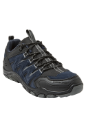 zapatilla azul masculina con caña baja, costuras en contraste y sistema de cordones seguro para caminatas.