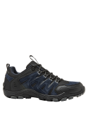 zapatilla azul de hombre estilo outdoor con cuero, ideal para actividades al aire libre, diseño robusto y funcional.