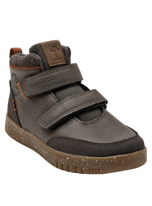 Calzado infantil gris con caña de 7.4 cm, mezcla sintética/textil, perfecto para actividades al aire libre.