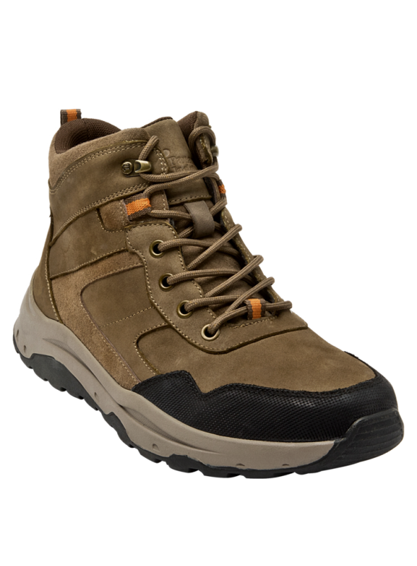 Botín de cuero café para hombre, estilo urbano y funcional, adecuado para caminatas ligeras y clima otoñal.