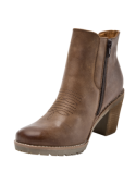 Botín Chelsea café de cuero para mujer con detalles de tachuelas metálicas, ideal para un estilo urbano y casual.