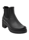 Elegante botín negro de mujer estilo Chelsea, con diseño clásico y funcional, adecuado para días lluviosos y clima fresco.